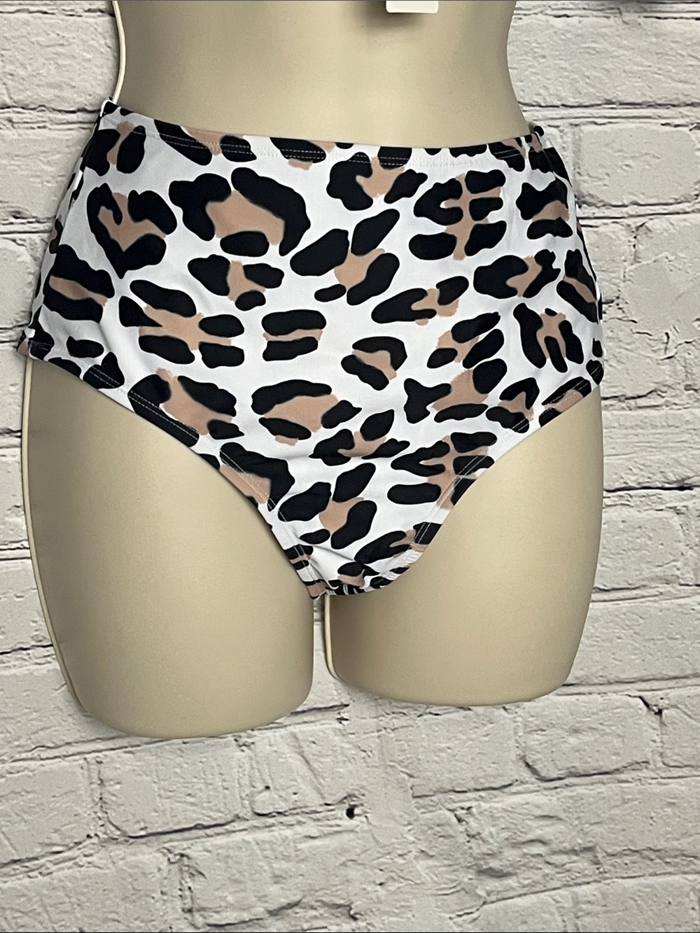 High-Waist Leopard Print Bikini Bottoms - White/Tan/Black